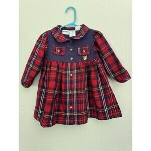 Vintage Okie Dokie 2T Plaid Dress Navy Red Bears Excellent Condition